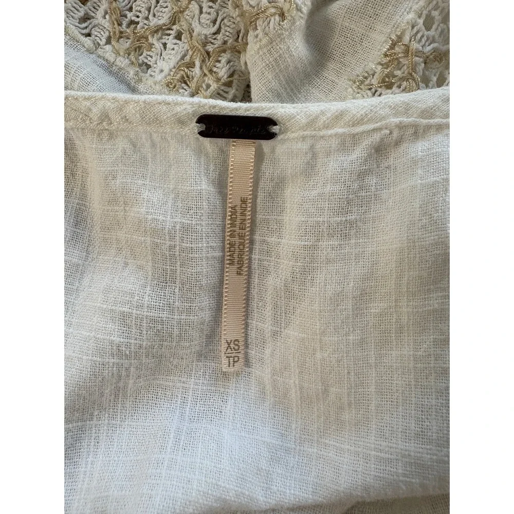 Free People White‎ Embroidered Boho Open-Back Tunic Top XS Cotton Peasant